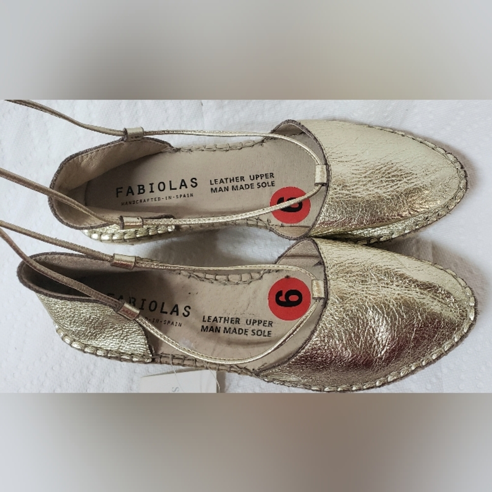 Size 6 Fabiolas Tie-up Espadrilles Gold Leather & Woven Base, Flaw See Last Pic